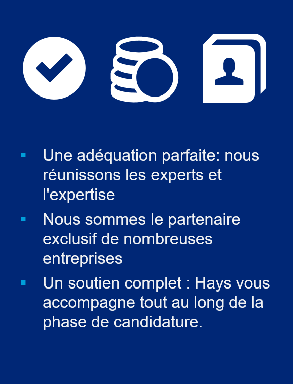 A gauche : Argent, coordonnées et icône de coche en blanc sur un fond bleu. Centre : Texte blanc avec des puces cyan : Convient parfaitement : Nous réunissons les experts et l'expertise. Nous sommes le partenaire exclusif de nombreuses entreprises. Un soutien complet : Hays vous soutient tout au long de la phase de candidature. A droite : Bulle rose 