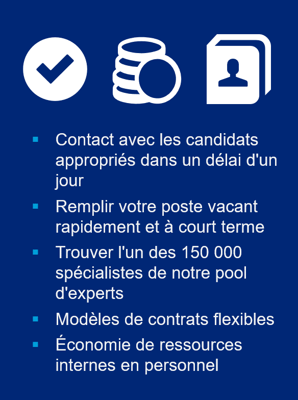 Vos avantages à travailler avec Hays en tant qu'entreprise! A gauche : Argent, coordonnées et icône de coche en blanc sur fond bleu. Centre droit : texte blanc avec des puces de couleur cyan : Contacter les candidats appropriés dans un délai d'un jour. Remplissez votre poste vacant rapidement et à court terme. Trouvez l'un des 150 000 spécialistes de notre pool d'experts. Modèles de contrats flexibles. Économie de ressources internes en personnel.