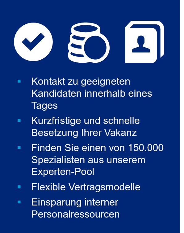 Ihre Vorteile einer Zusammenarbeit mit Hays als Unternehmen! Links: Geld-, Kontaktdaten-, und Häkchen-Icon in weiß auf blauem Hintergrund. Rechts-Mittig: Weißer Text mit cyanfarbenen Aufzählungszeichen: Kontakt zu geeigneten Kandidaten innerhalb eines Tages. Kurzfristige und schnelle Besetzung Ihrer Vakanz. Finden Sie einen von 20.000 Spezialisten aus unserem Experten-Pool. Flexible Vertragsmodelle. Einsparung interner Personalressourcen.